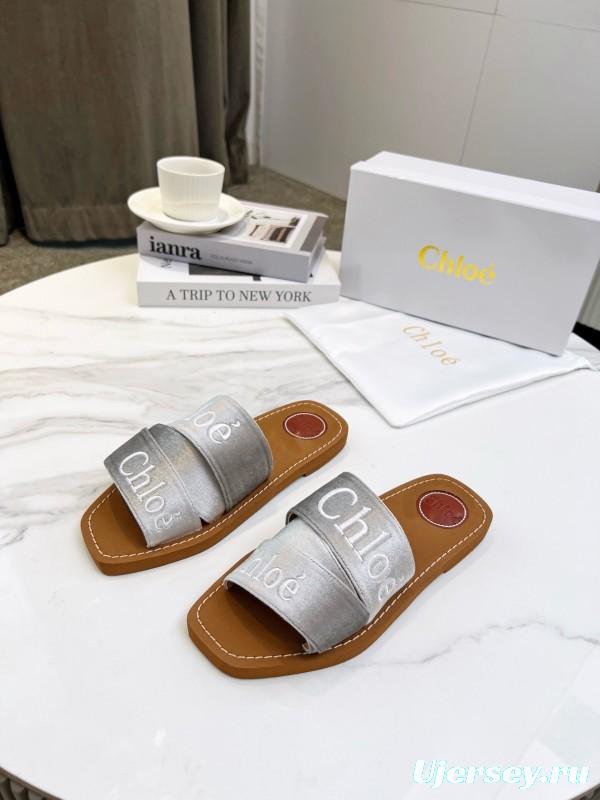 2025 Women Chloé Silver Leather Slippers LY00200