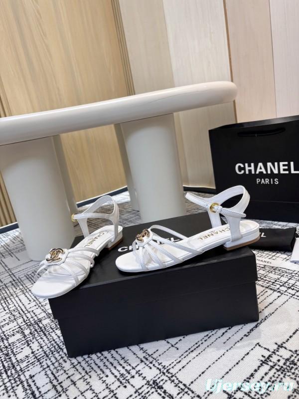 2025 Women Chanel White Leather Sandals LY00270
