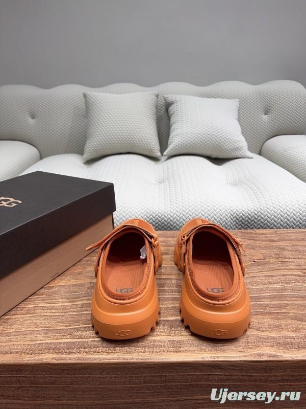 2025 UGG Brown Leather Mesh Slippers KFY00220