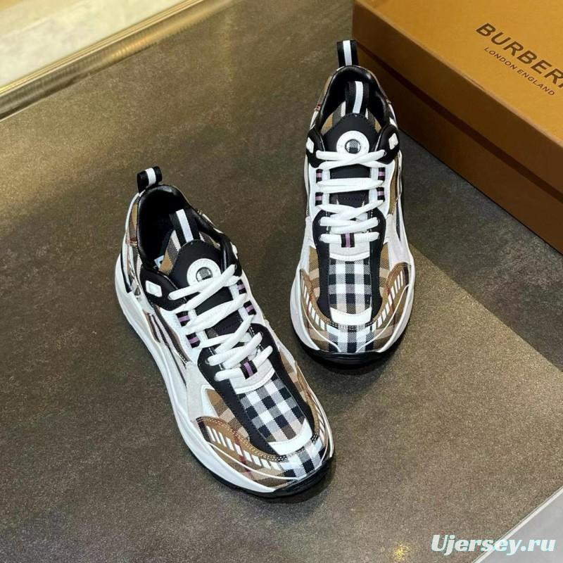 2025 Unisex Burberry Brown White Black Cotton Calfskin Suede Sneakers Check MJ00380(W/M)