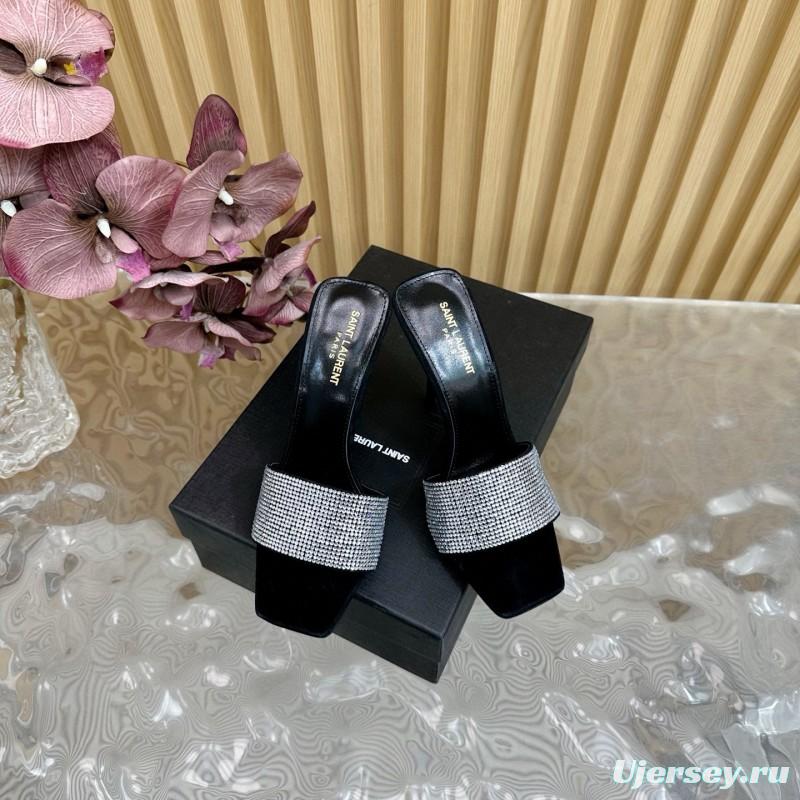 2025 Women Yves Saint Laurent Black Crystal Fabric High Heel Sandals MJ00300