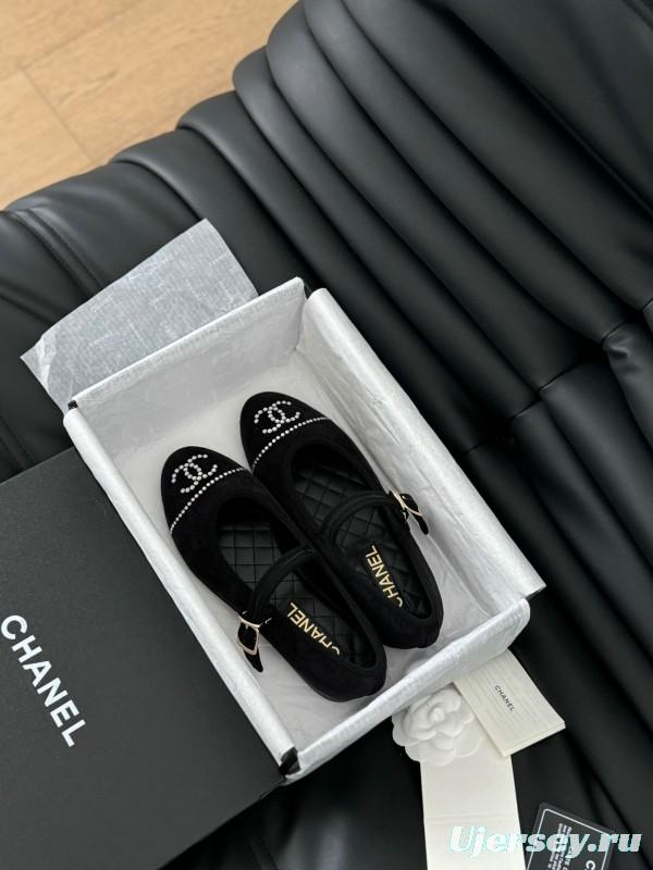2025 Women Chanel Black Velvet Mary Jane Embroidered LY00280