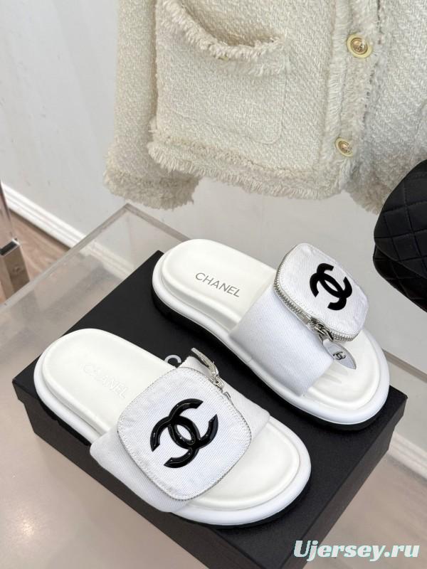 2025 CHANEL White Canvas Slippers KFY00220