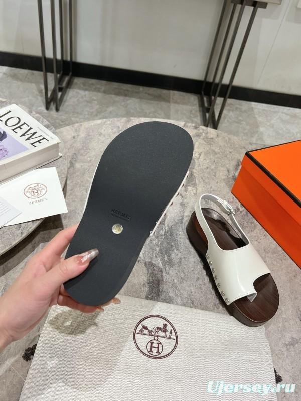 2025 Women Hermès White Leather Slippers
