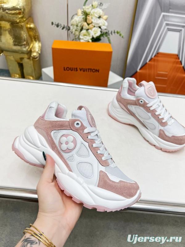 2025 Women Louis Vuitton White Pink Suede Mesh Sneakers LY00340