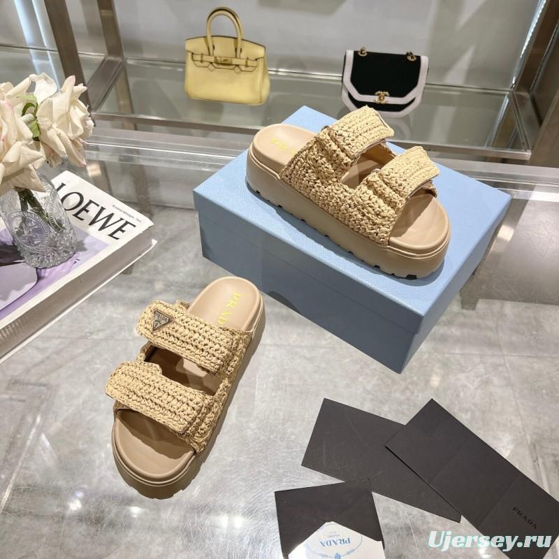 2025 Women Prada Beige Woven Leather Slippers LY