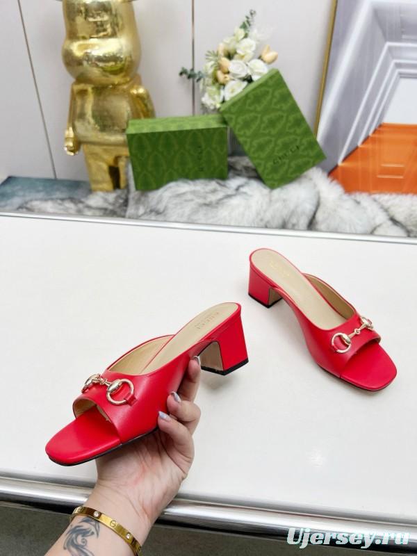 2025 Women Gucci Red Leather Heeled Mules Metal Ornament