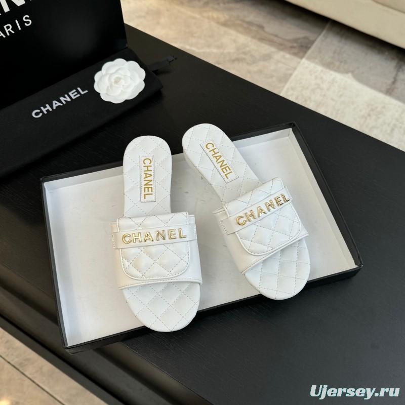 2025 Women Chanel White Leather Slippers