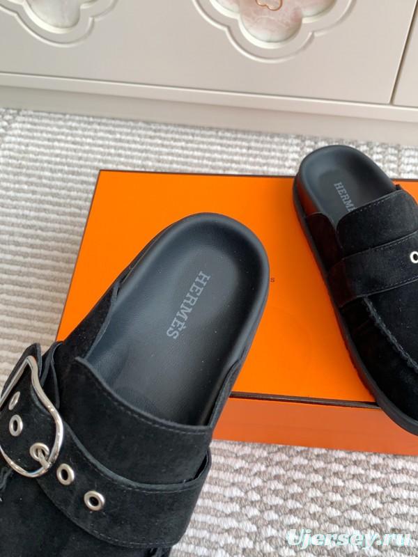 2025 Women Hermès Black Suede Mule Shoes Buckle KFY00290