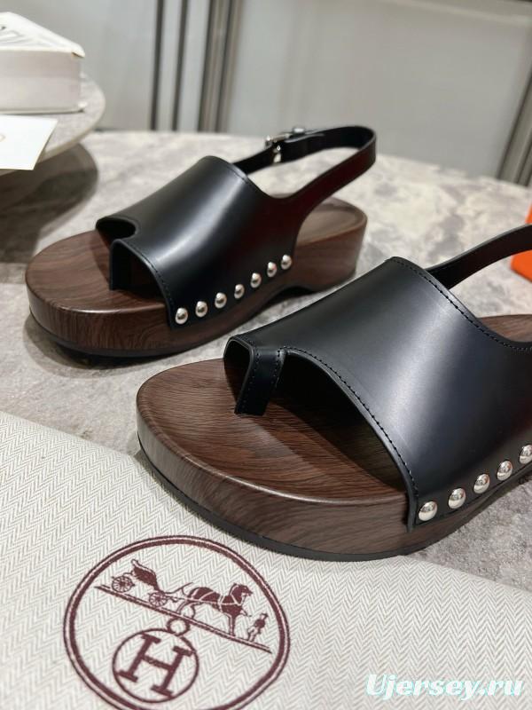 2025 Women Hermès Black Leather Sandals