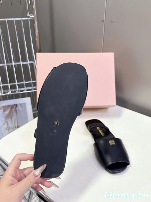 2025 Slippers Miu Miu Black Leather Slippers LY00