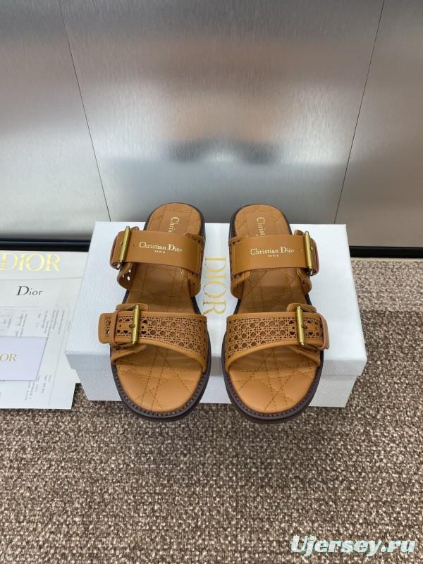 2025 Women Dior Brown Leather Slip-on Sandals