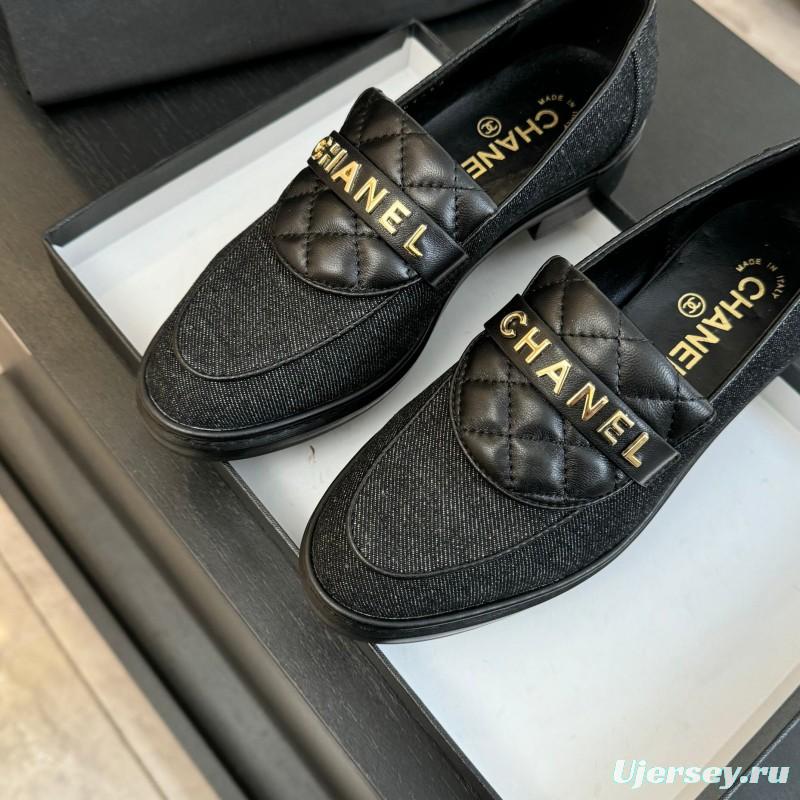 2025 Women Chanel Black Leather Canvas Loafers KFY00310
