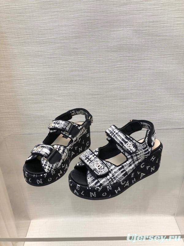 2025 Women Chanel Black White Fabric Platform Sandals LY00330