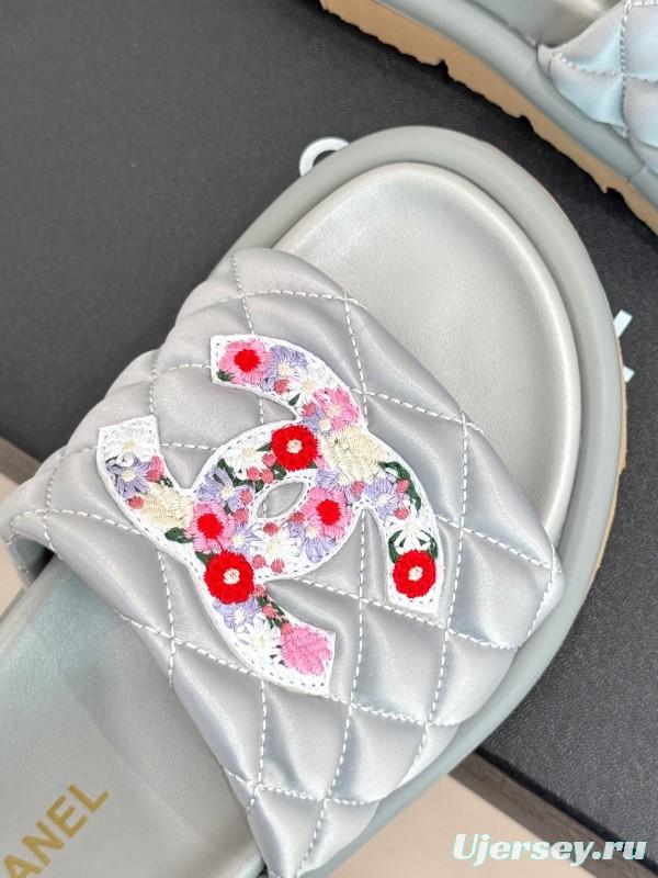 2025 Slippers Chanel Silver Floral Embroidery Leather Slippers KFY00260