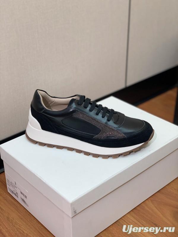 2025 Unisex Brunello Cucinelli Black Brown Leather Suede Sneakers LY