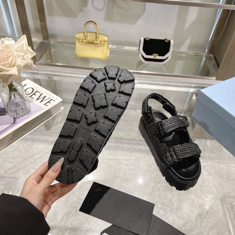 2025 Women Prada Black Woven Leather Sandals LY