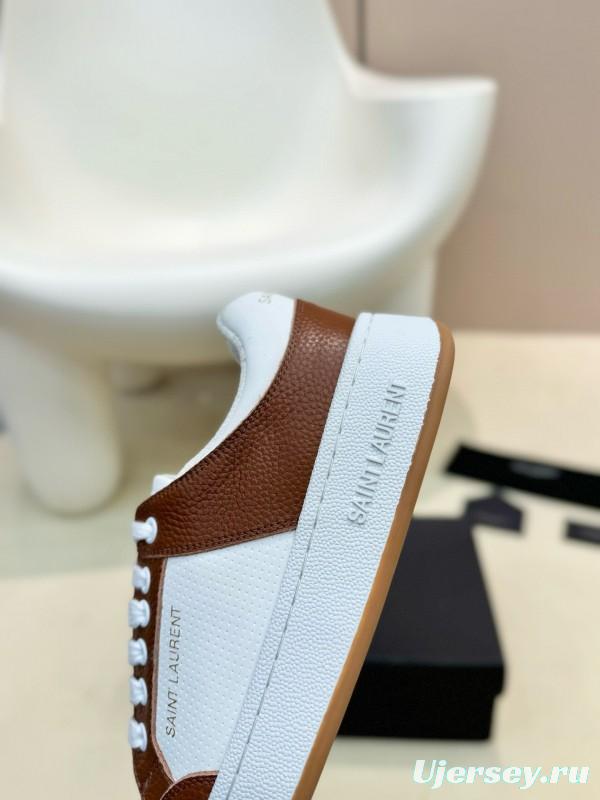 2024 Unisex Yves Saint Laurent White Brown Leather Canvas Sneakers MJ00350