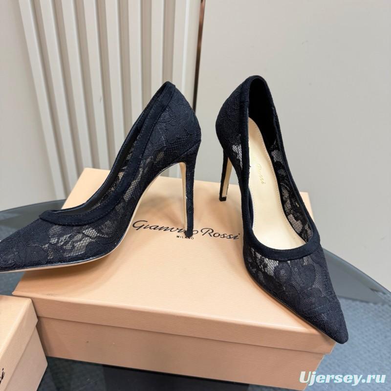 2025 Women Gianvito Rossi Black Lace Leather High Heel KFY00280