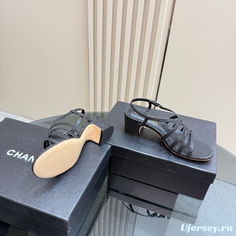 2025 Women Chanel Black Leather Sandals KFY00290