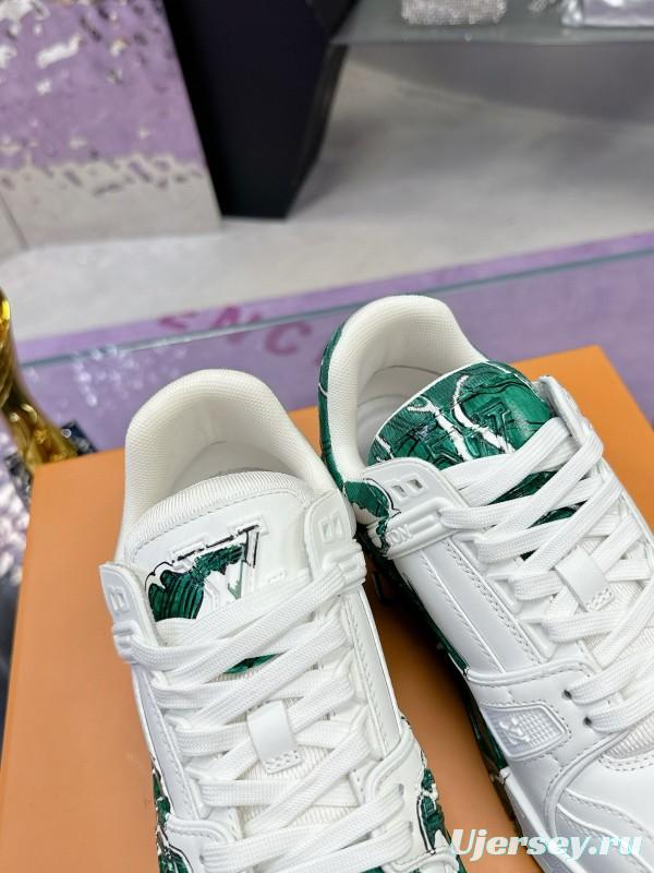 2024 Unisex Louis Vuitton Green White Leather Plimsolls Hand-Painted MJ00780