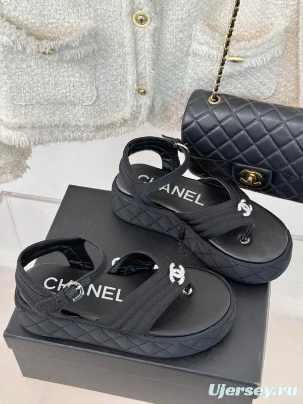 2025 Women Chanel Black Fabric Platform Sandals