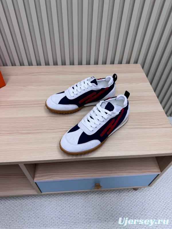 2025 Unisex Hermès White Navy Red Suede Down Fabric Sneakers KFY00300