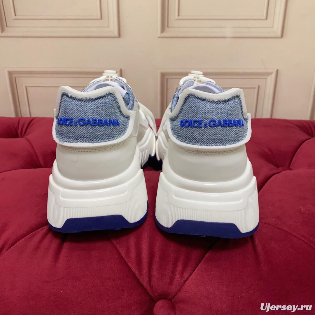 2025 Unisex Dolce & Gabbana White Blue Silk Leather Sneakers Exclusive Craft LY00330(F)/LY00340(M)