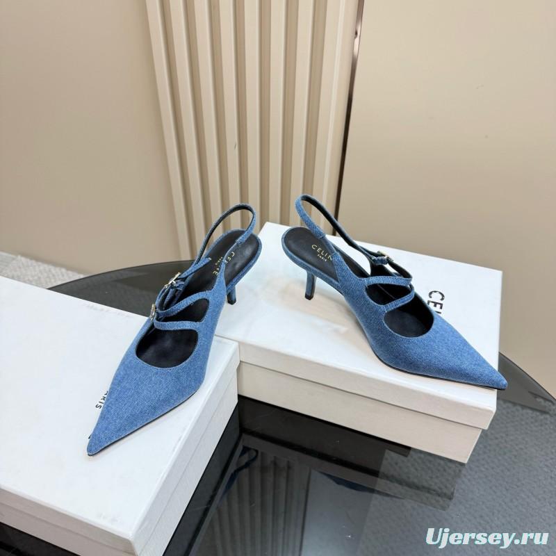 2025 Women CELINE Blue Denim Leather Pointed Toe Slingback Heels KFY00290