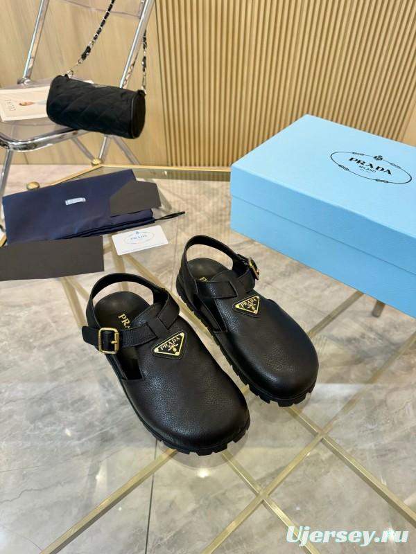 2025 Women Prada Black Leather Sandals LY00280