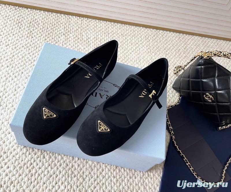 2025 Women Prada Black Suede Mary Jane Ballet Flat