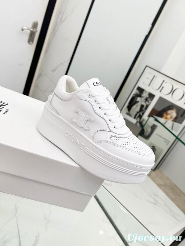 2025 Women Celine White Leather Platform Sneakers Embossed KFY00270