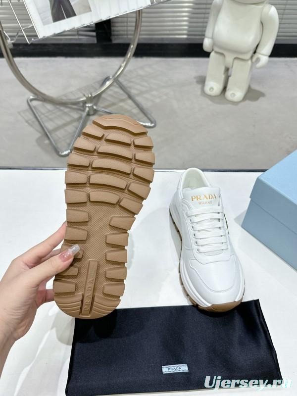 2025 Women Prada White Cow Leather Lambskin Sneakers KFY00310