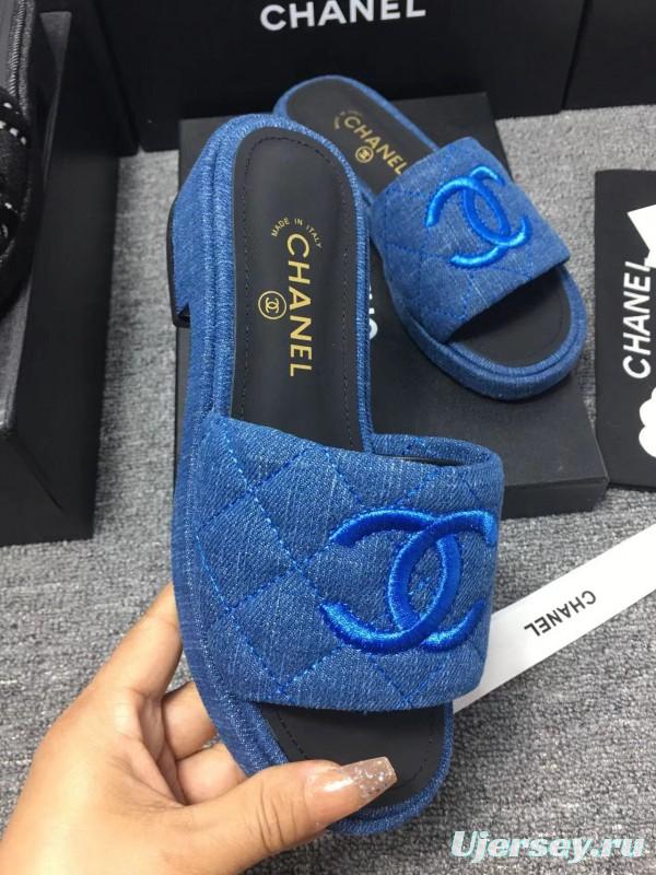 2025 Women Chanel Blue Fabric Slippers LY00000