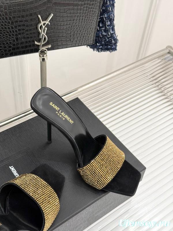 2025 Women Yves Saint Laurent Black Gold Leather High Heel Slip-On LY00300