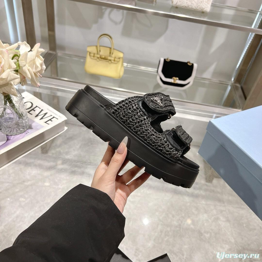 2025 Women Prada Black Woven Leather Sandals LY