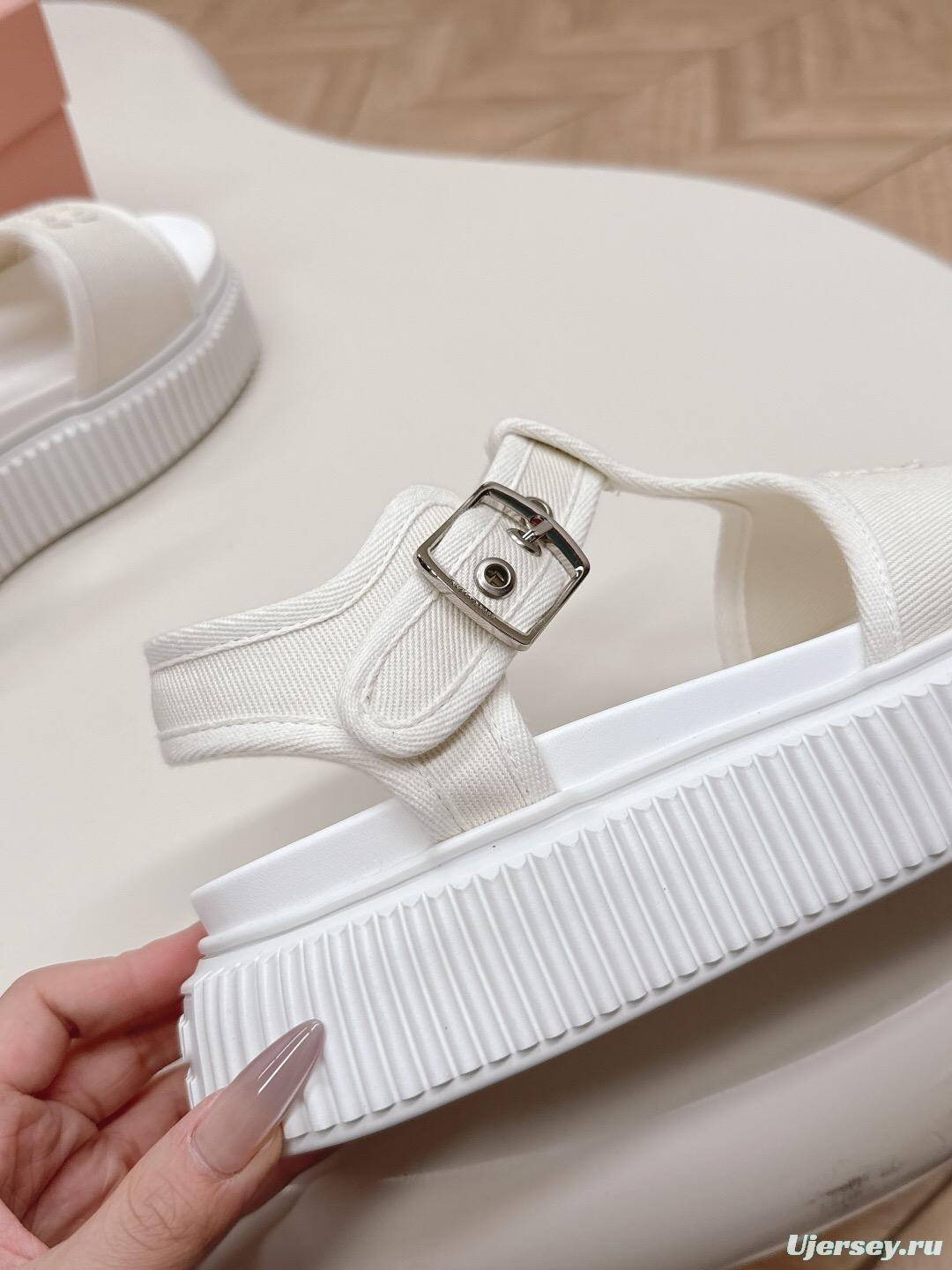 2025 Women Miu Miu White Canvas Sandals