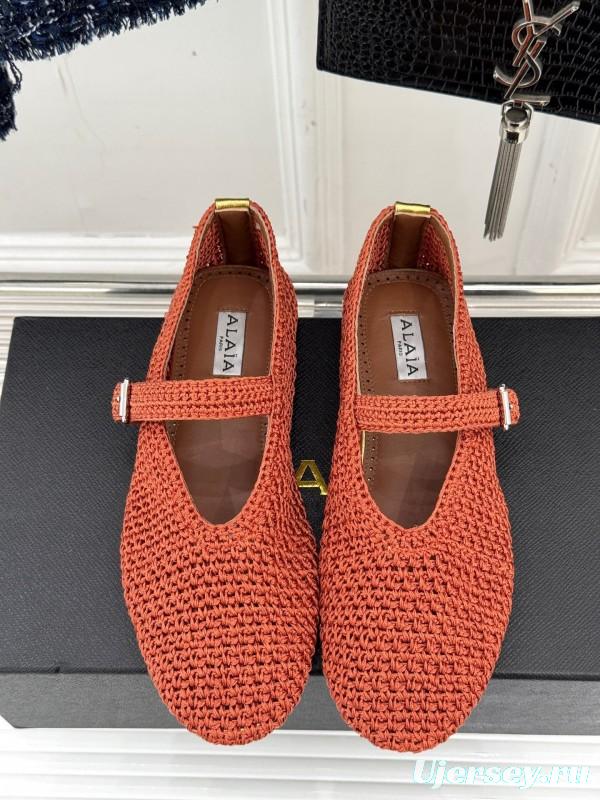 2025 Women AlAIA Orange Knitted Leather Mary Jane KFY00310