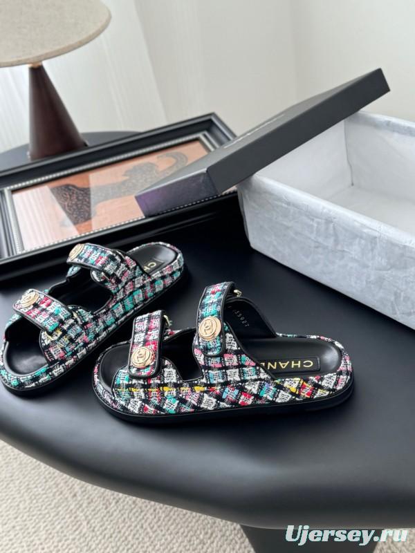 2025 Women Chanel Multi Color Fabric Leather Sandals LY00310