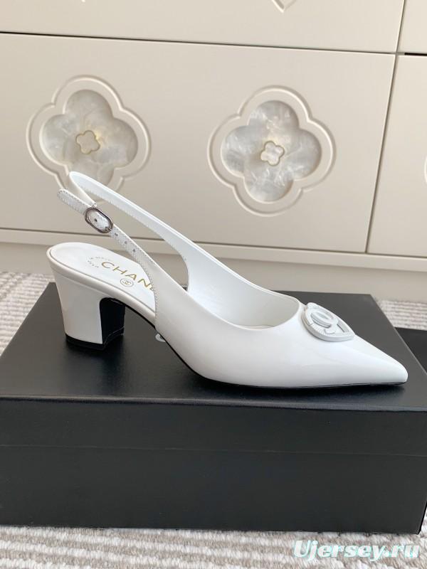2025 Women Chanel White Patent Leather Slingback Heart CC KFY00300