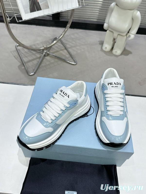 2025 Women Prada Light Blue White Leather Sneakers KFY00310