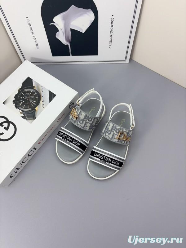 2025 Kids Dior Gray Black Canvas Leather Sandals