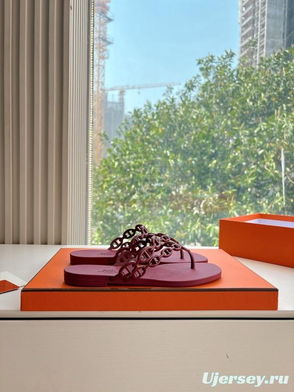 2025 Women Hermès Burgundy Leather Chain Strap Sandals G059 (F)