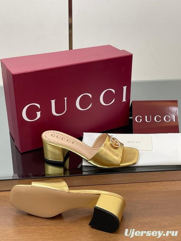 2025 Women Gucci Gold Leather Mules Block Heel