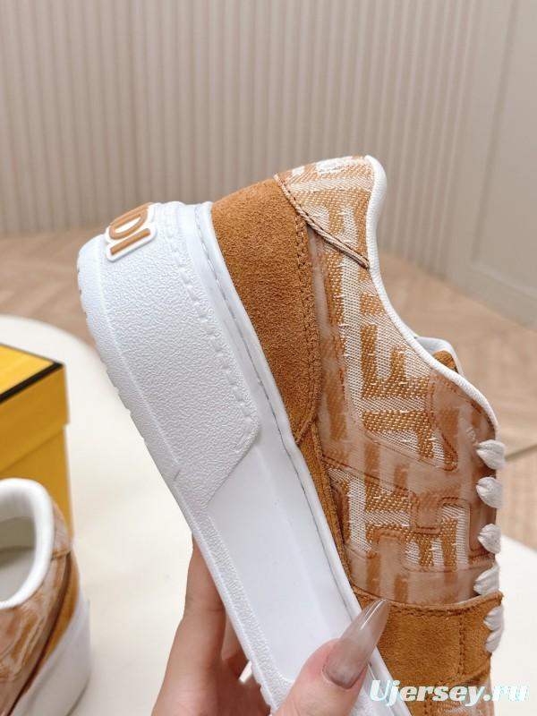 2025 Women Fendi Brown Leather Fabric Sneakers LY00340