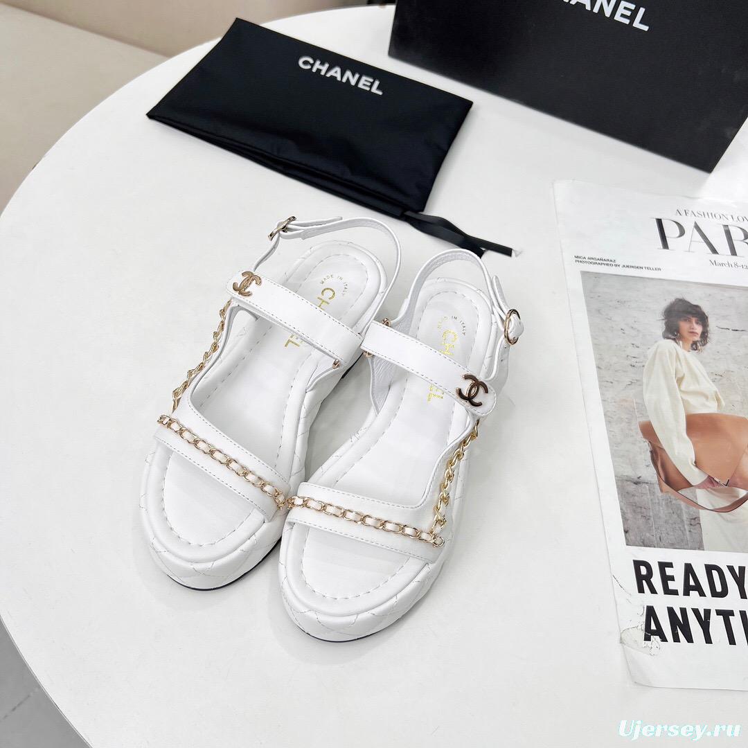 2025 Women Chanel White Leather Sandals Chain LY00260