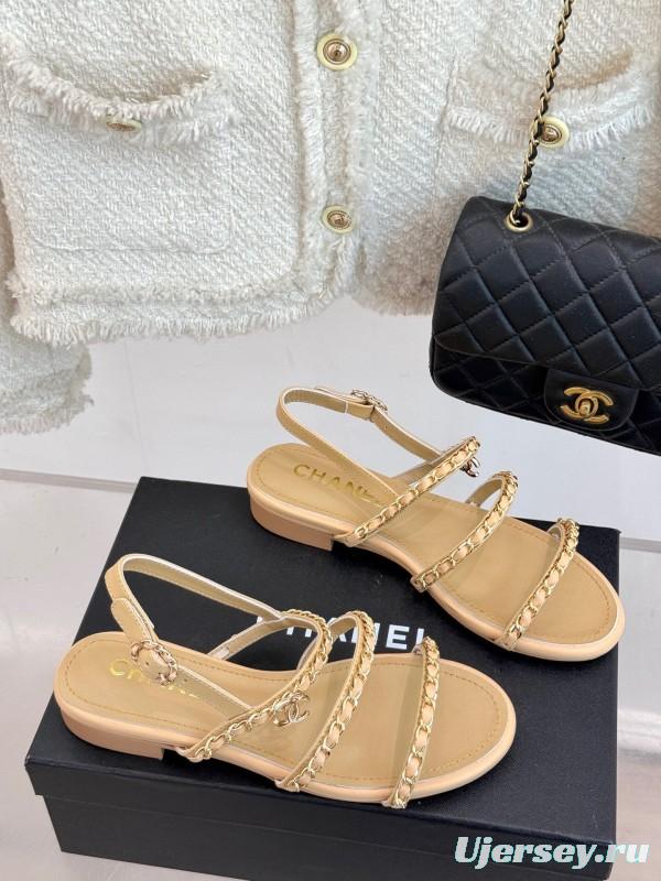 2025 Women Chanel Beige Leather Sandals KFY00270