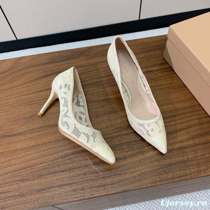 2025 Women Gianvito Rossi White Lace Leather Pumps KFY00280
