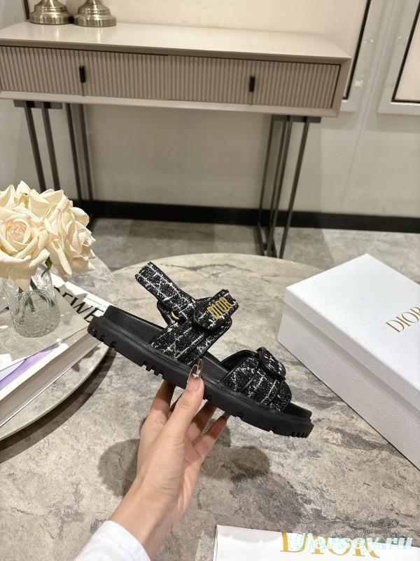 2025 Women Dior Black Fabric Leather Sandals KFY00300