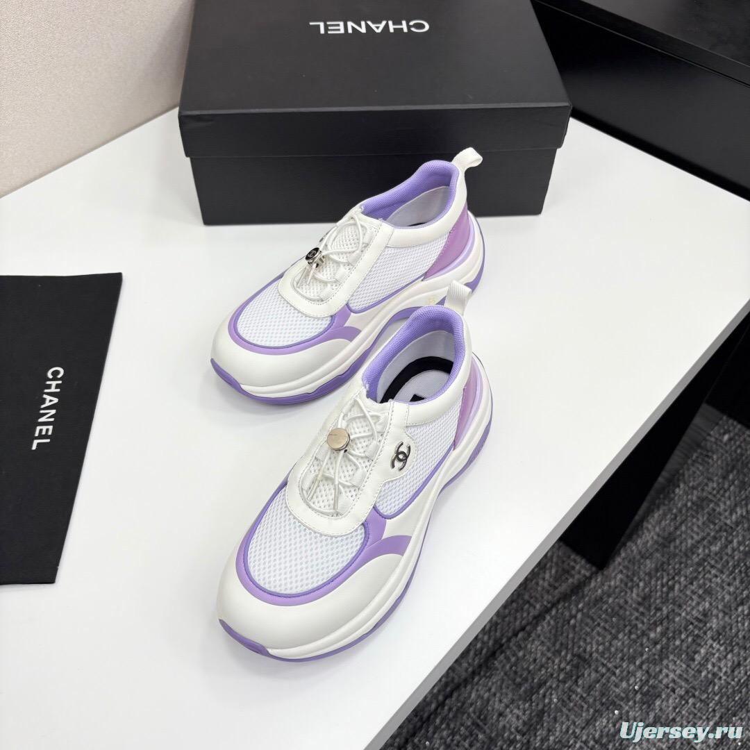 2025 Women Chanel White And Purple Leather And Mesh Casual Sneakers Chunky Sole Classic Logo LY00360(F)